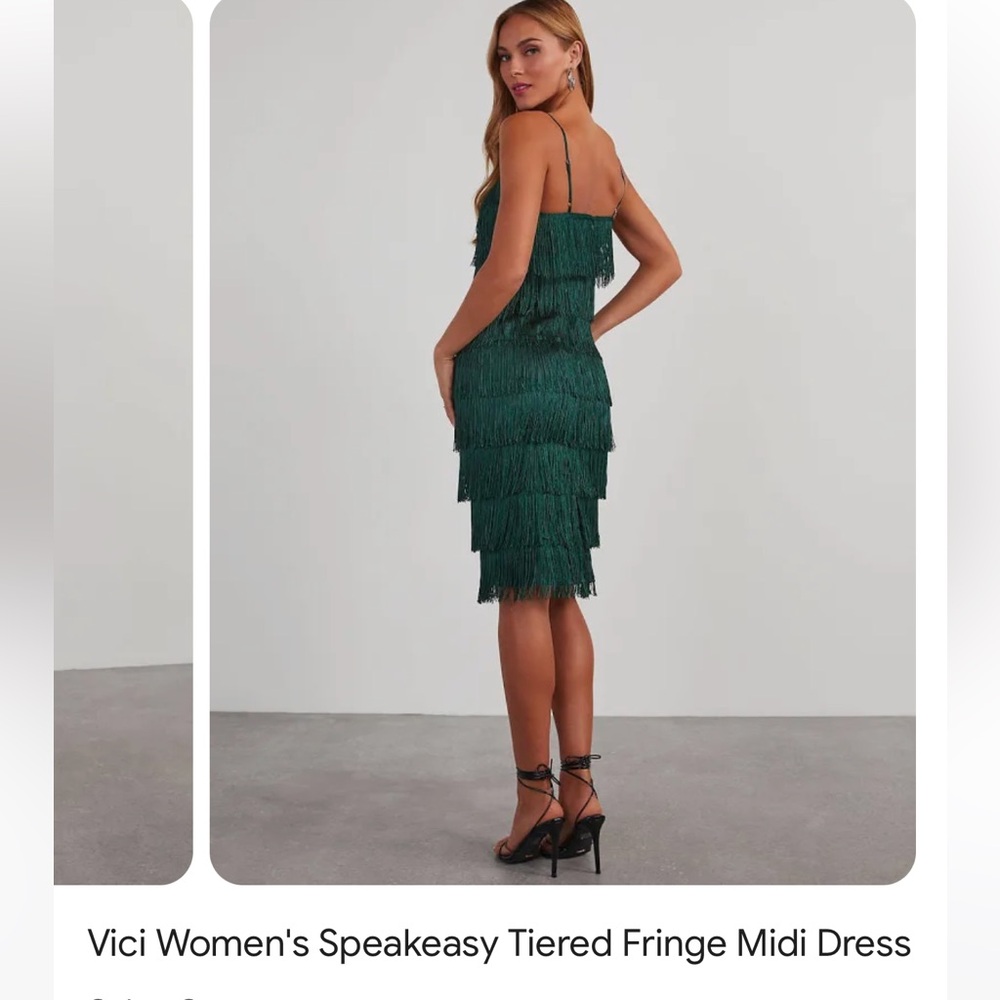 NWT! Vici Women's Speakeasy Tiered Fringe Midi Dress SMALL Dark Green